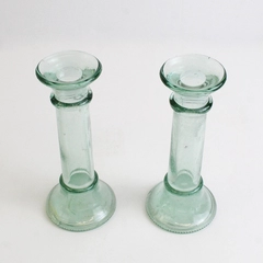 Lot of 2 Unbranded Georgia Green Glass Candlestick Taper Holders 7"
