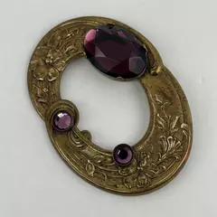 Vintage Oval Floral Brass and Faceted Amethyst Purple Rhinestones Brooch