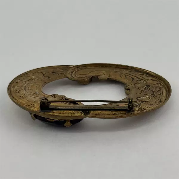 Vintage Oval Floral Brass and Faceted Amethyst Purple Rhinestones Brooch