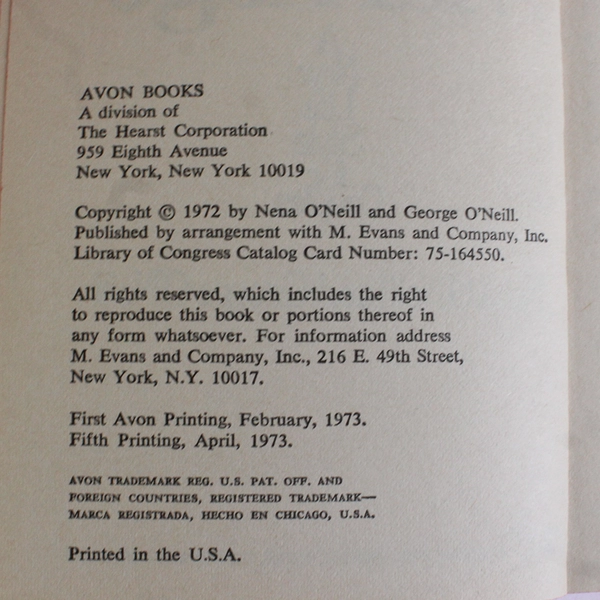 Open Marriage A New Life Style for Couples by Nena & George O'Neill 1973 PB