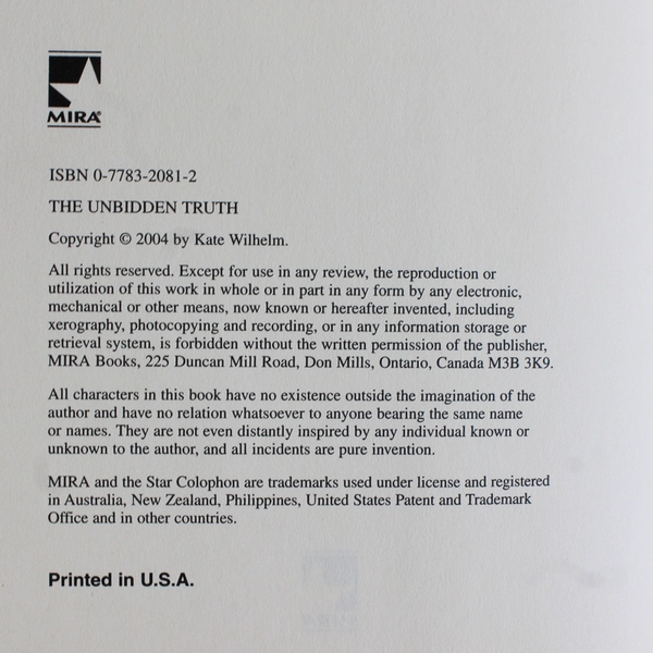 Unbidden Truth by Kate Wilhelm 2004 1st Edition Hardcover Dust Jacket