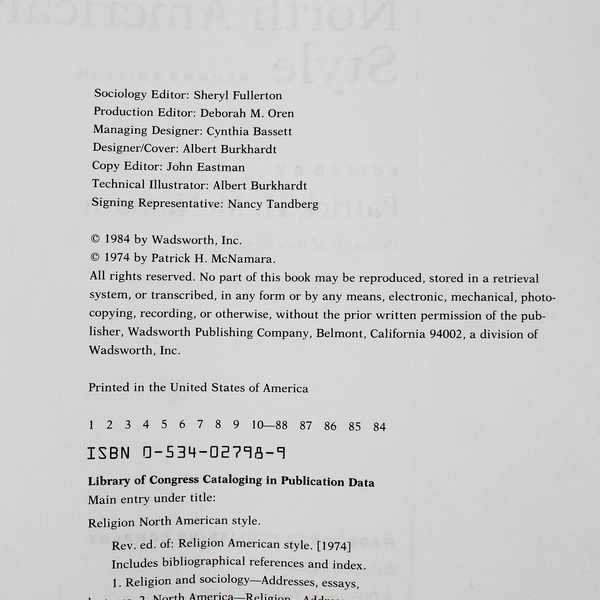 Religion North American Style by Patrick H McNamara 1984 Paperback