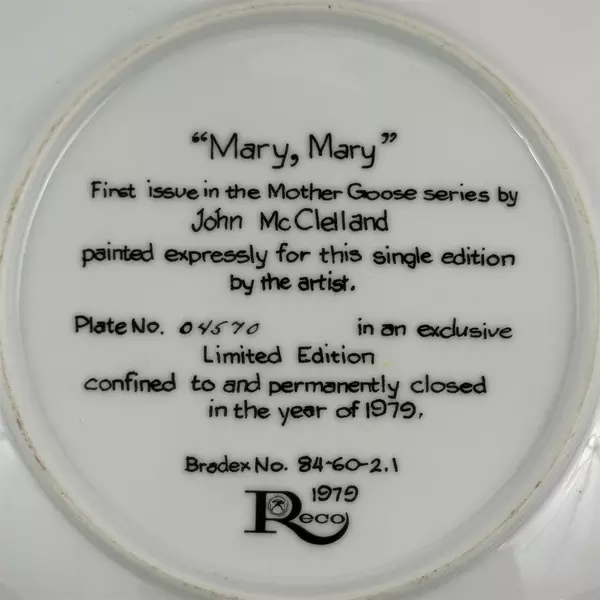 1979 RECO John McClelland Mother Goose Series Porcelain Plate #1 Mary, Mary