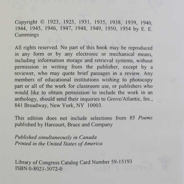 100 Selected Poems by E E Cummings 1959 Paperback Good Condition