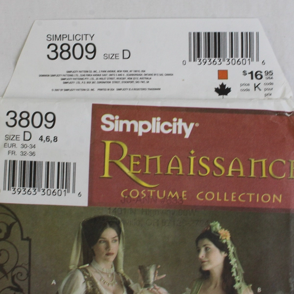 Simplicity Andrea Schewe 3809 Renaissance Costume Collection Womens D (4, 6, 8)