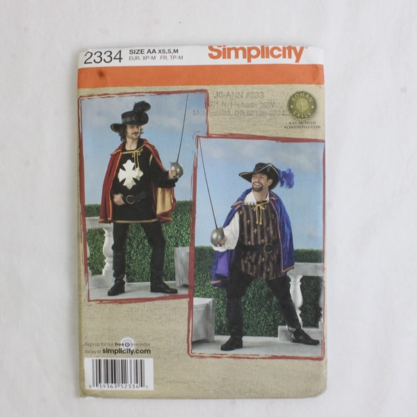 Simplicity Roman Exile Designs 2334 Musketeer Costumes Mens Size AA (XS, S, M)