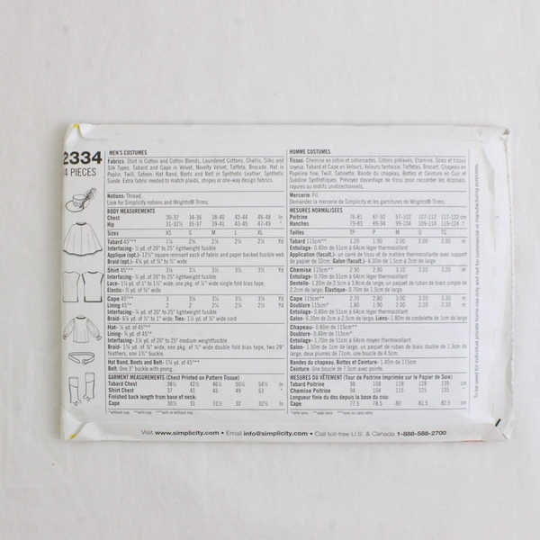 Simplicity Roman Exile Designs 2334 Musketeer Costumes Mens Size AA (XS, S, M)