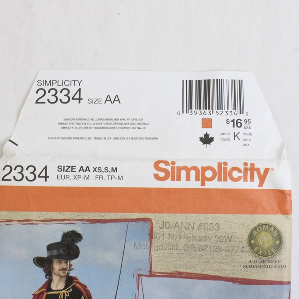 Simplicity Roman Exile Designs 2334 Musketeer Costumes Mens Size AA (XS, S, M)