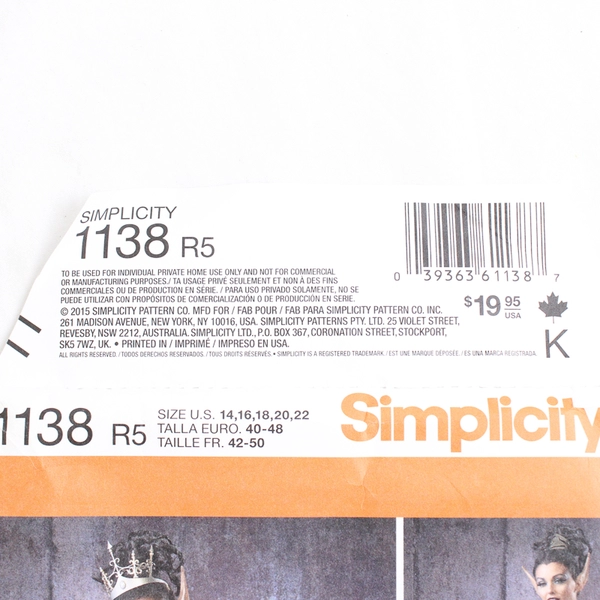 Simplicity Krescent Costumes 1138 Fantasy Style Women's Size R5 (14,16,18,20,22)