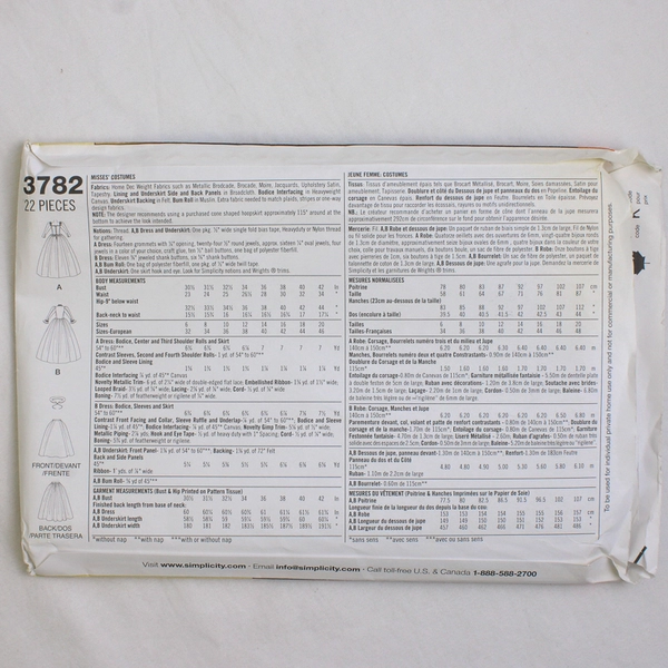 Simplicity Andrea Schewe 3782 Elizabethan Costume Women's Size HH (6, 8, 10, 12)