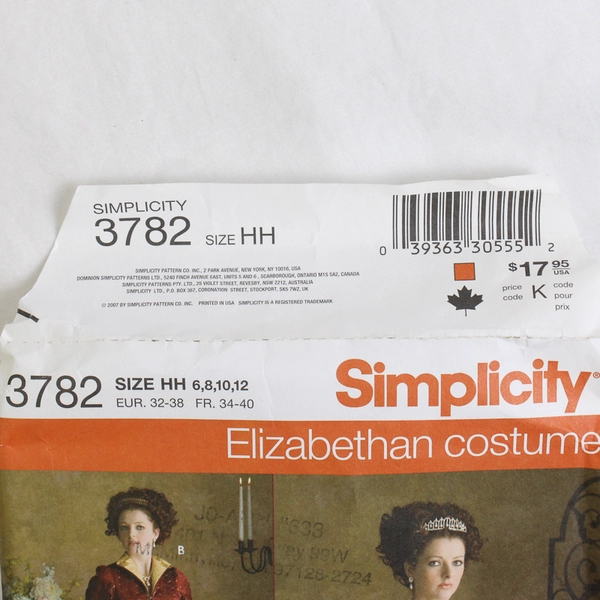 Simplicity Andrea Schewe 3782 Elizabethan Costume Women's Size HH (6, 8, 10, 12)