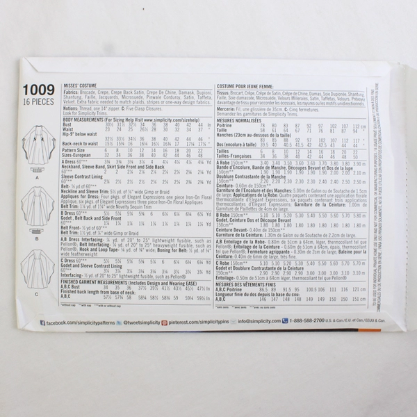 Simplicity Andrea Schewe 1009 Dress Costumes Womens Size HH (6, 8, 10, 12) 2015