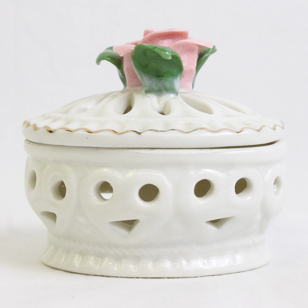 Unbranded White and Pink with a Rose Porcelain Trinket Dish/Potpourri Box