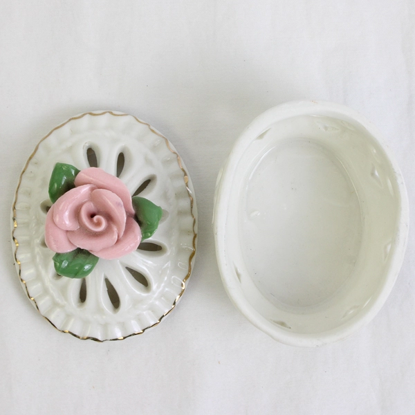 Unbranded White and Pink with a Rose Porcelain Trinket Dish/Potpourri Box