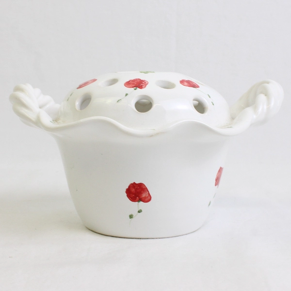 D. Vignoux Porcelain Flower Pick with Floral Design White with Red Flowers