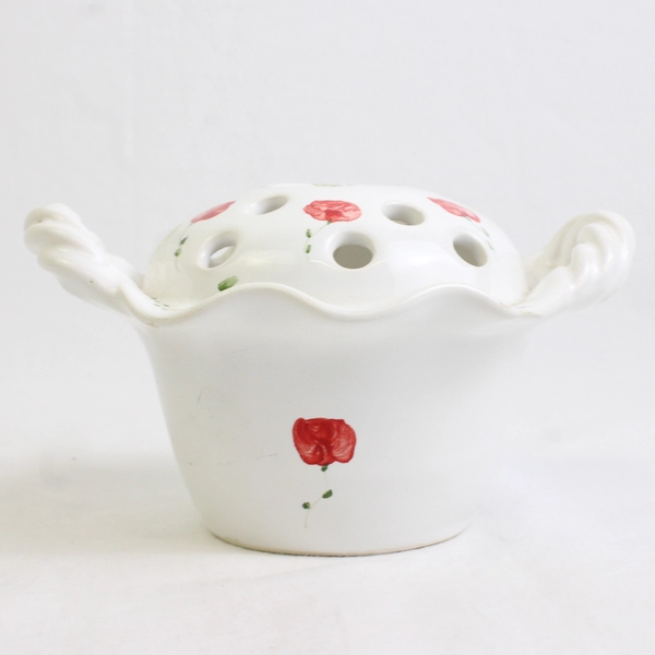 D. Vignoux Porcelain Flower Pick with Floral Design White with Red Flowers