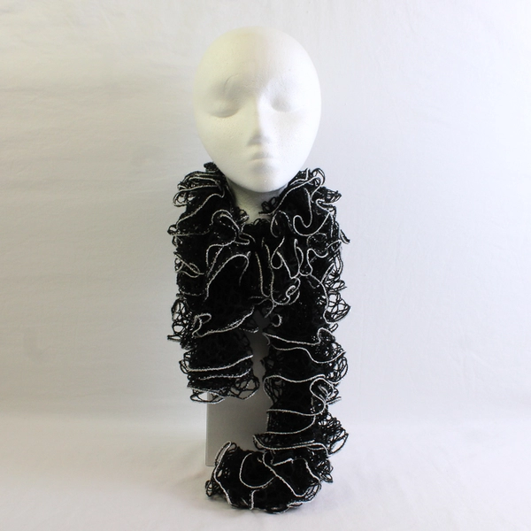 Women's Handmade Black and Silver Crochet Ruffled Scarf 68"