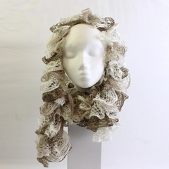 Women's Handmade White and Taupe Crochet Ruffled Scarf 72"