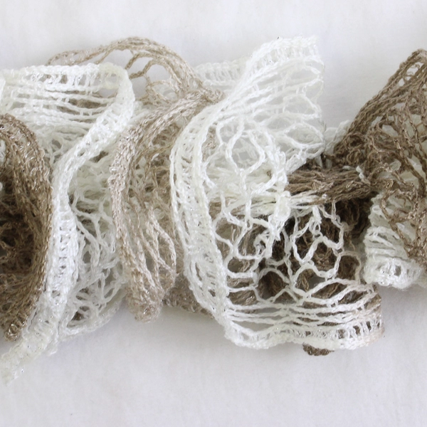Women's Handmade White and Taupe Crochet Ruffled Scarf 72"