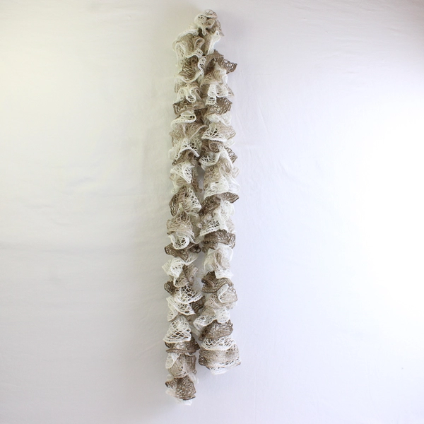 Women's Handmade White and Taupe Crochet Ruffled Scarf 72"