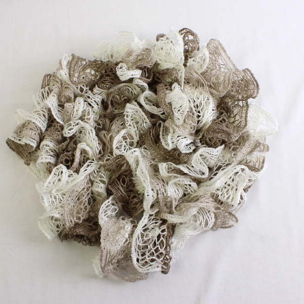 Women's Handmade White and Taupe Crochet Ruffled Scarf 72"