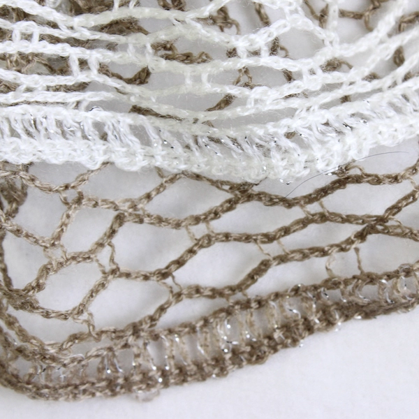 Women's Handmade White and Taupe Crochet Ruffled Scarf 72"