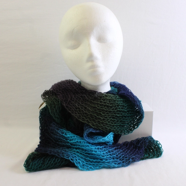 Women's Handmade Crochet Openwork Green Blue Purple Ombre Scarf 90"