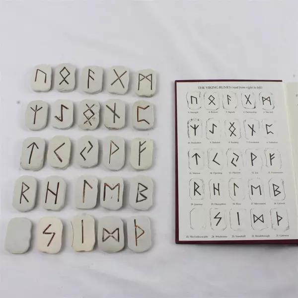 Set of 25 Engraved Runes Divination Tool & The Book of Runes Ralph Blum