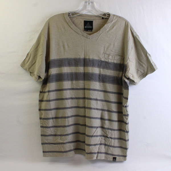 Prana Solid Beige/Green Color Striped Short Sleeve V-Neck T-Shirt Men's Size L