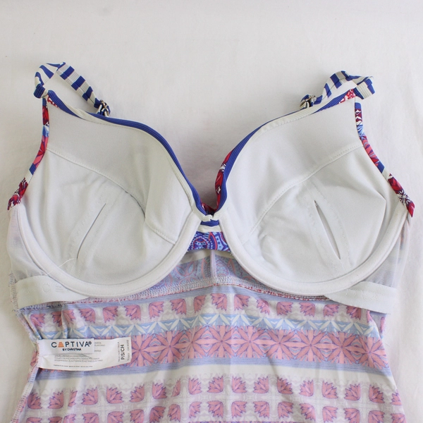 Ceptiva Red and Blue Patterned Swimsuit Tankini Top Women's Size Small