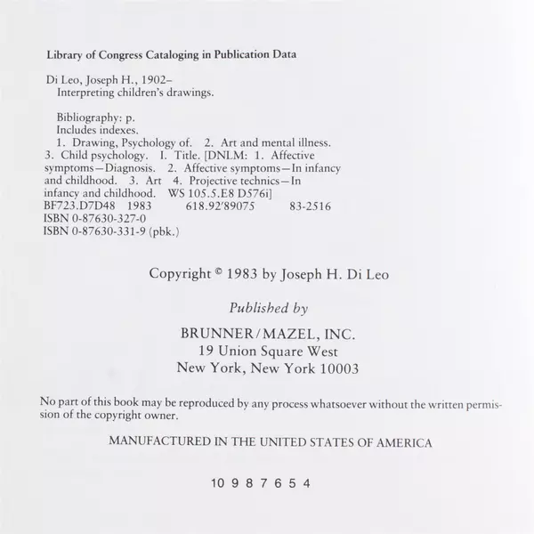 Interpreting Children's Drawings Joseph H. DiLeo Hardcover 1983