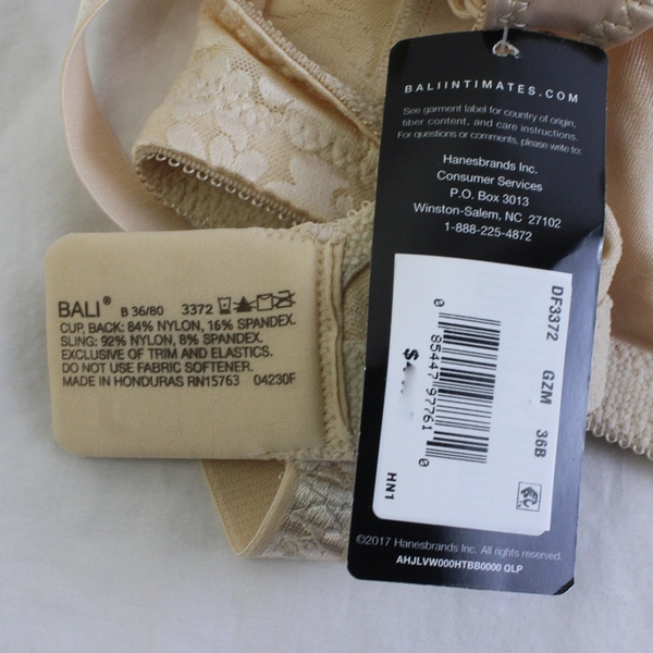 NWT Bali Classic Support Beige Nude Floral Unlined Wireless Bra Women's 36B