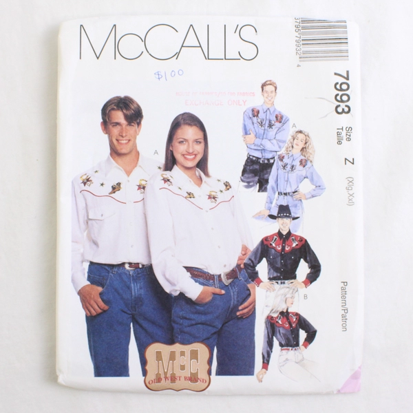 McCall's 7993 Cowboy Long Sleeve Shirt Patterns Unisex Size Z (XLG, XXL) 1995