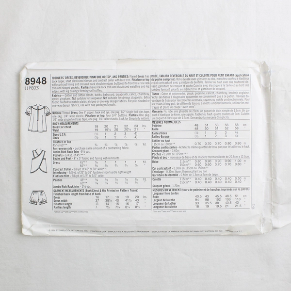 Simplicity 8948 Toddlers Dress & Outfit Patterns Girls Size A (1/2,1,2,3,4) 1996