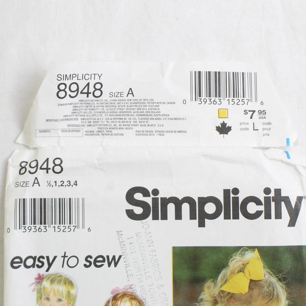 Simplicity 8948 Toddlers Dress & Outfit Patterns Girls Size A (1/2,1,2,3,4) 1996