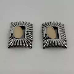 Pair of Vtg Large Silver Tone Shoe Clips With Beige Oval Fabric Centers
