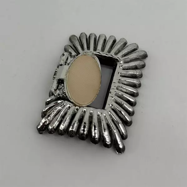 Pair of Vtg Large Silver Tone Shoe Clips With Beige Oval Fabric Centers