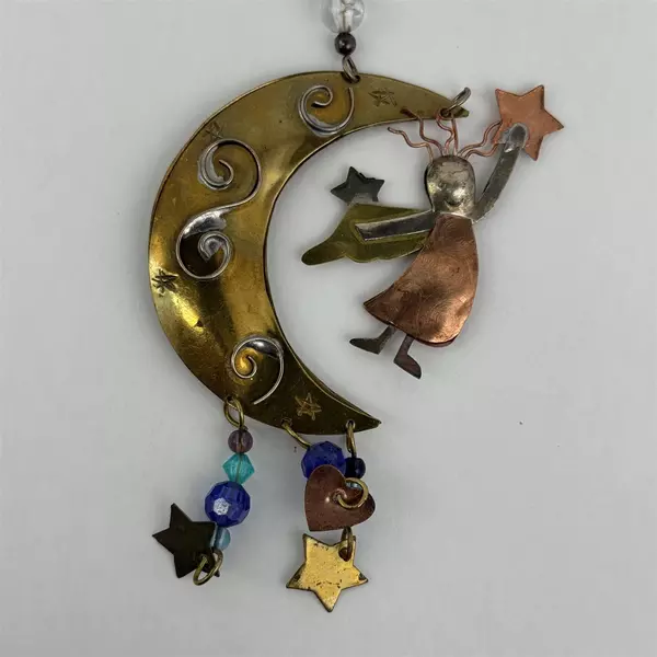 Handmade Brass Copper And Silver Hanging Ornament Crescent Moon With Angel