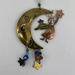 Handmade Brass Copper And Silver Hanging Ornament Crescent Moon With Angel