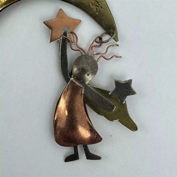Handmade Brass Copper And Silver Hanging Ornament Crescent Moon With Angel