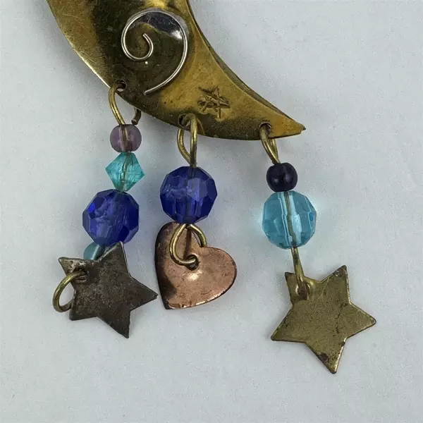 Handmade Brass Copper And Silver Hanging Ornament Crescent Moon With Angel