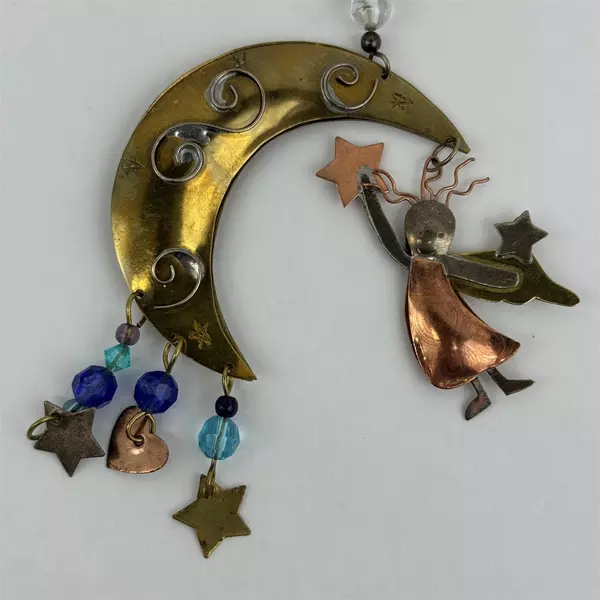 Handmade Brass Copper And Silver Hanging Ornament Crescent Moon With Angel