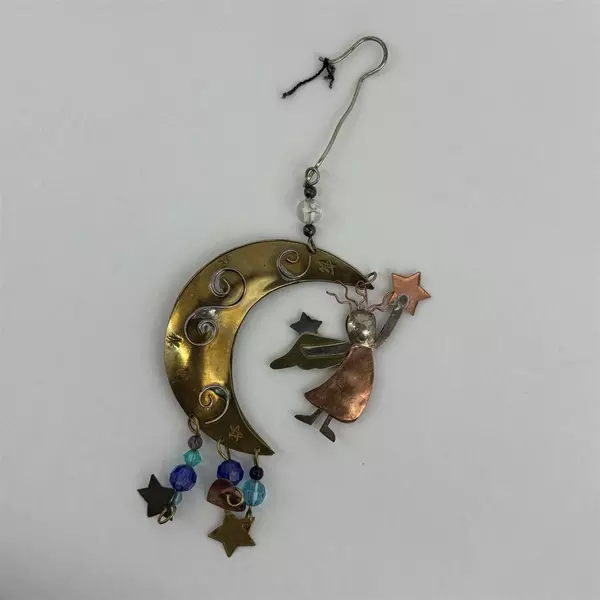 Handmade Brass Copper And Silver Hanging Ornament Crescent Moon With Angel