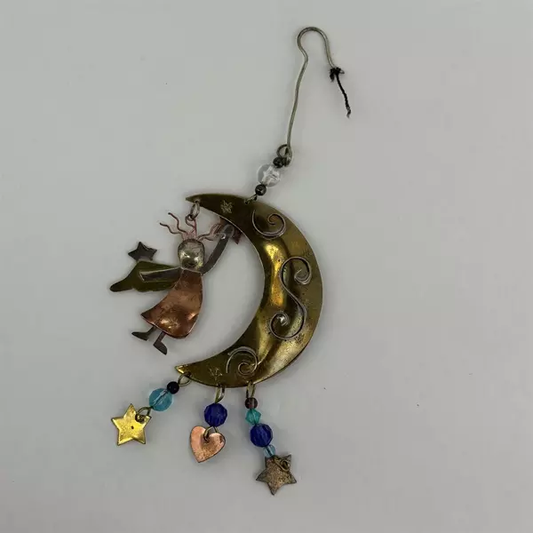 Handmade Brass Copper And Silver Hanging Ornament Crescent Moon With Angel
