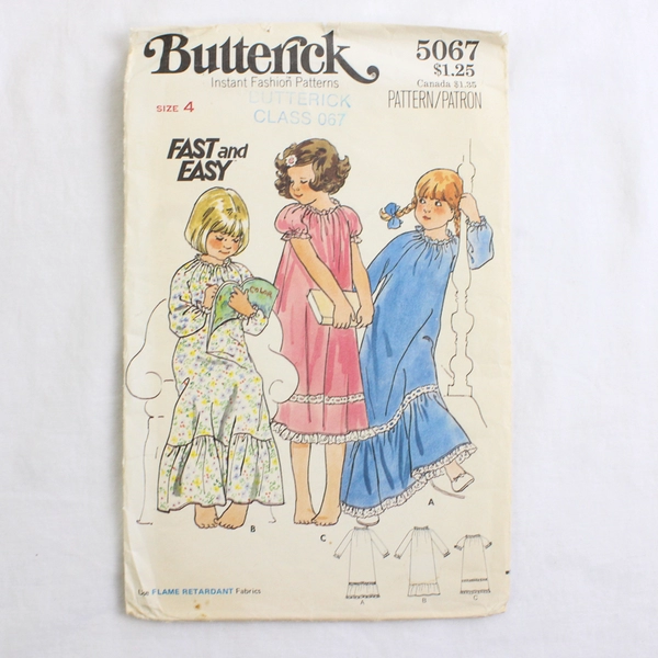Vintage Butterick Easy 5067 Children's Nightgown Patterns Girls Size 4