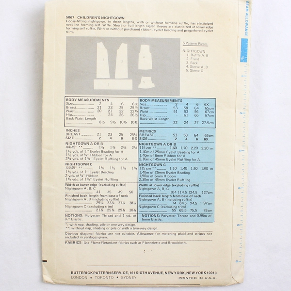 Vintage Butterick Easy 5067 Children's Nightgown Patterns Girls Size 4