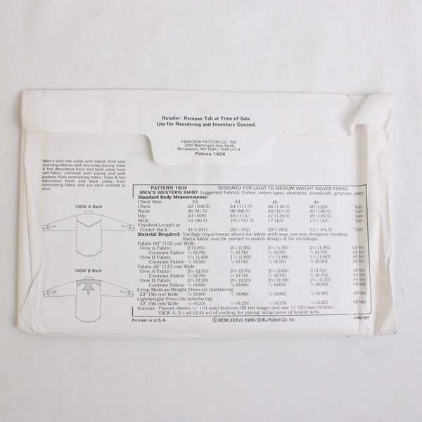 Kwik Sew Kerstin Martensson 1604 Western Shirt Pattern Men Chest Sz 42-44-46-48