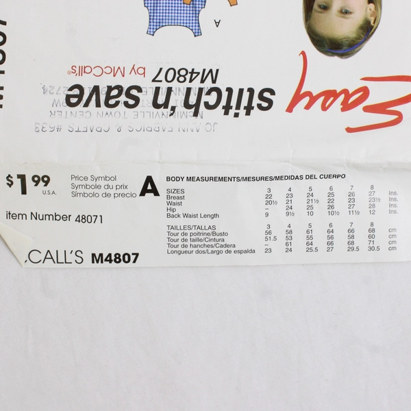 McCall's Easy M4807 Top & Bottom Patterns Childs/Girls Size A (3-4, 5-6) 2005