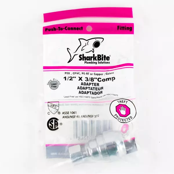 Shark Bite 1/2 Inch (3/8 Inch OD) Compression Adapter, Push To Connect Brass