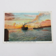Vintage Astoria Oregon Color Postcard Harbor Scene At Sunset Columbia River 